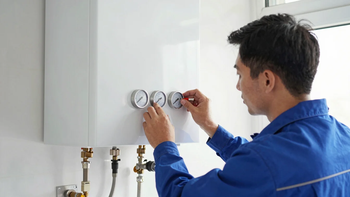 Clean editorial documentary photography of a technician servicing a wall-mounted boiler with diagnostic gauges, natural