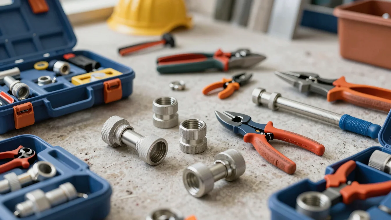 Clean editorial documentary photography of professional plumbing toolkits and pipe fittings on a job site, crisp focus