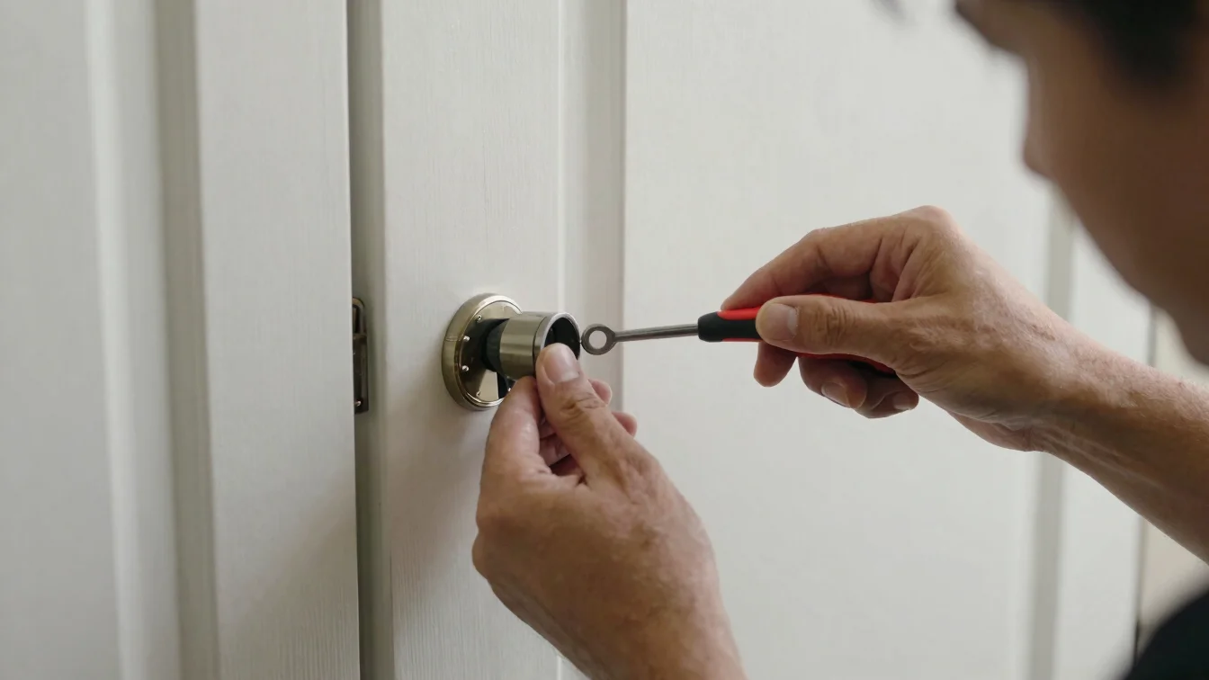 Clean editorial documentary photography of a specialist working carefully on a door lock cylinder with professional tool