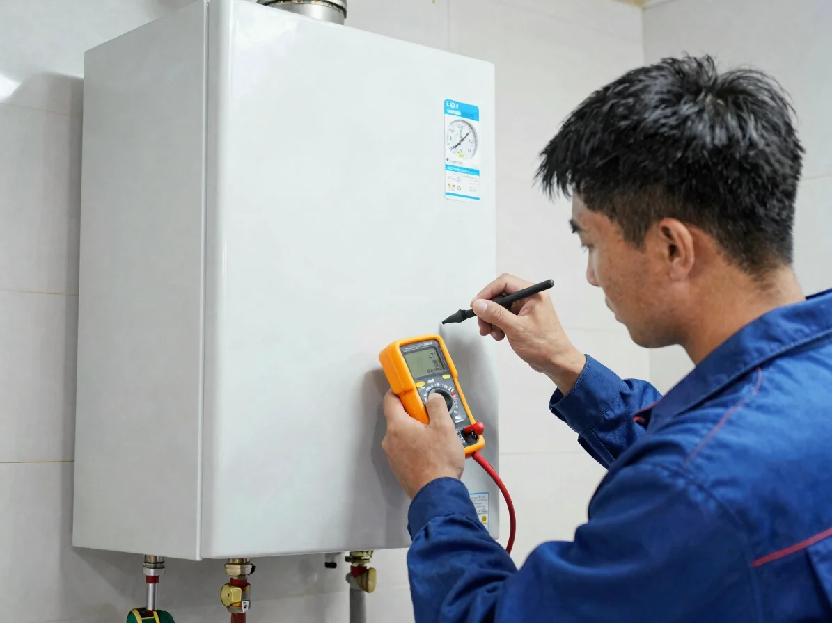 Technician in clean workwear servicing a wall-mounted gas boiler