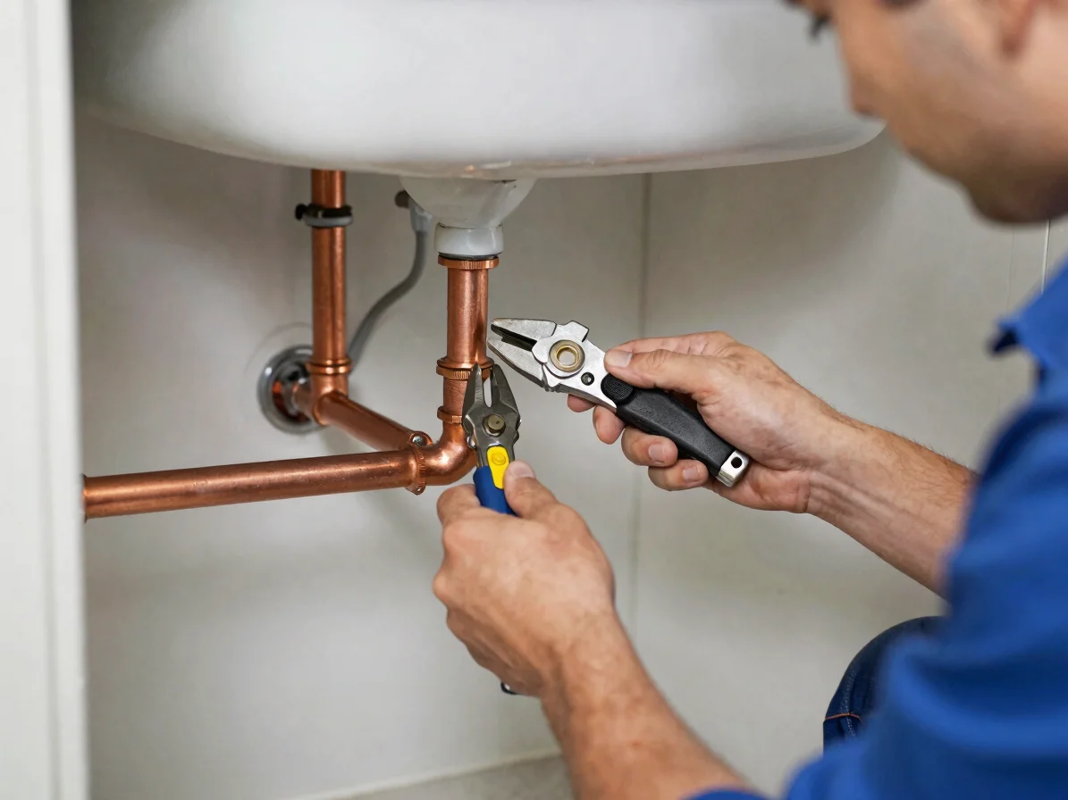 Professional plumber repairing copper pipes under a sink with spe