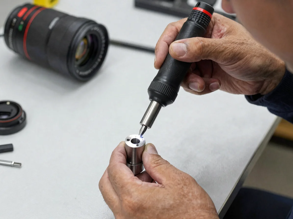 Specialized locksmith working on a high-security lock cylinder wi
