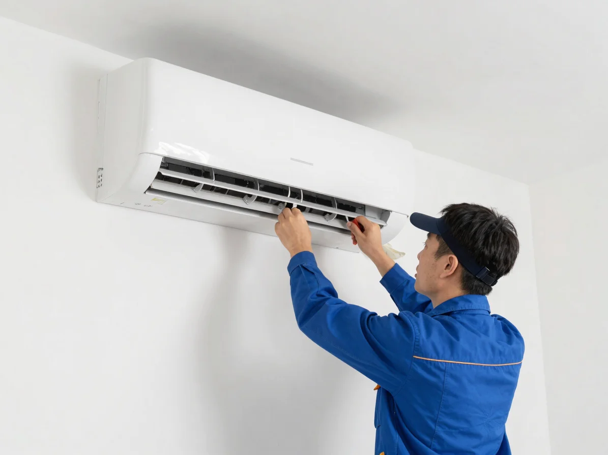Technician mounting a modern wall-unit air conditioner in a clean