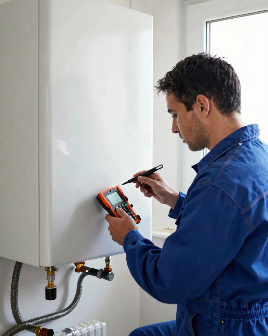 Authentic technician in clean workwear servicing a residential heating boiler in Rome, professional diagnostic tools vis