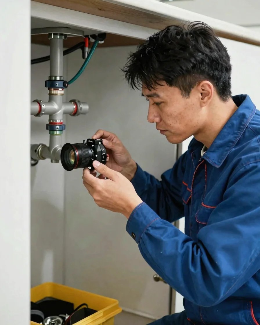 Clean editorial documentary photography of an authentic technicia
